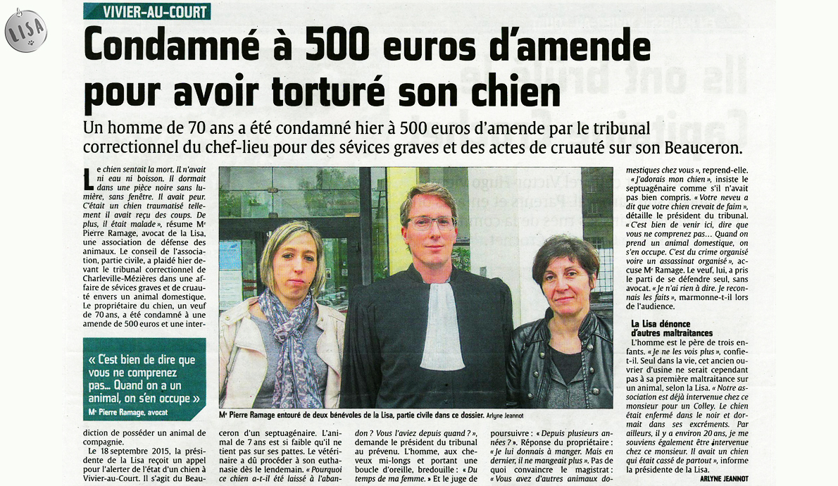 Condamné à 500 euros d'amende pour avoir torturé son chien - Association LISA